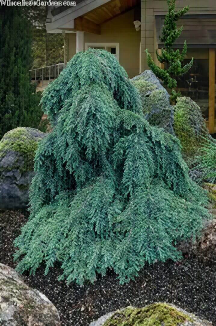 Weeping evergreen shrub in rock garden
