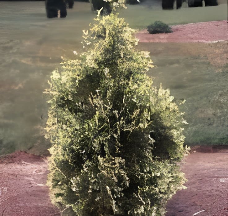 Single evergreen tree standing in grassy field