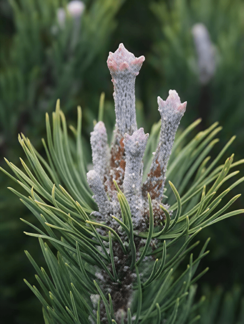 Close-up of new pine buds and needles