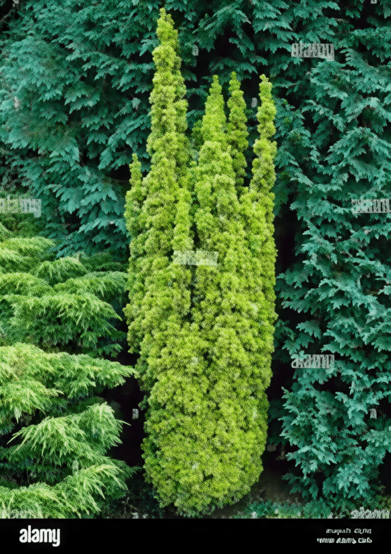 Columnar lime-green evergreen shrub amid dark cedars
