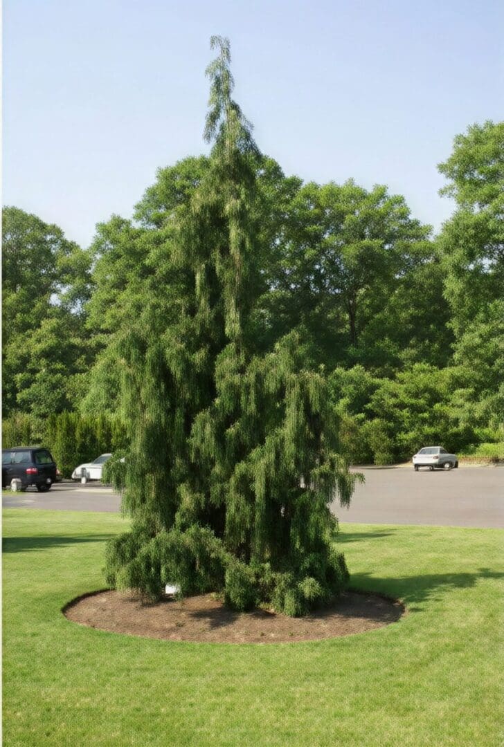 Drooping evergreen tree in circular mulch bed