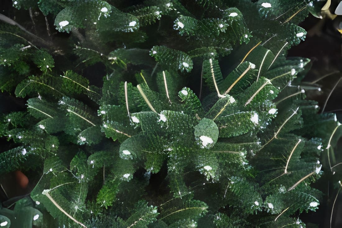 Flocked artificial Christmas tree branches close-up