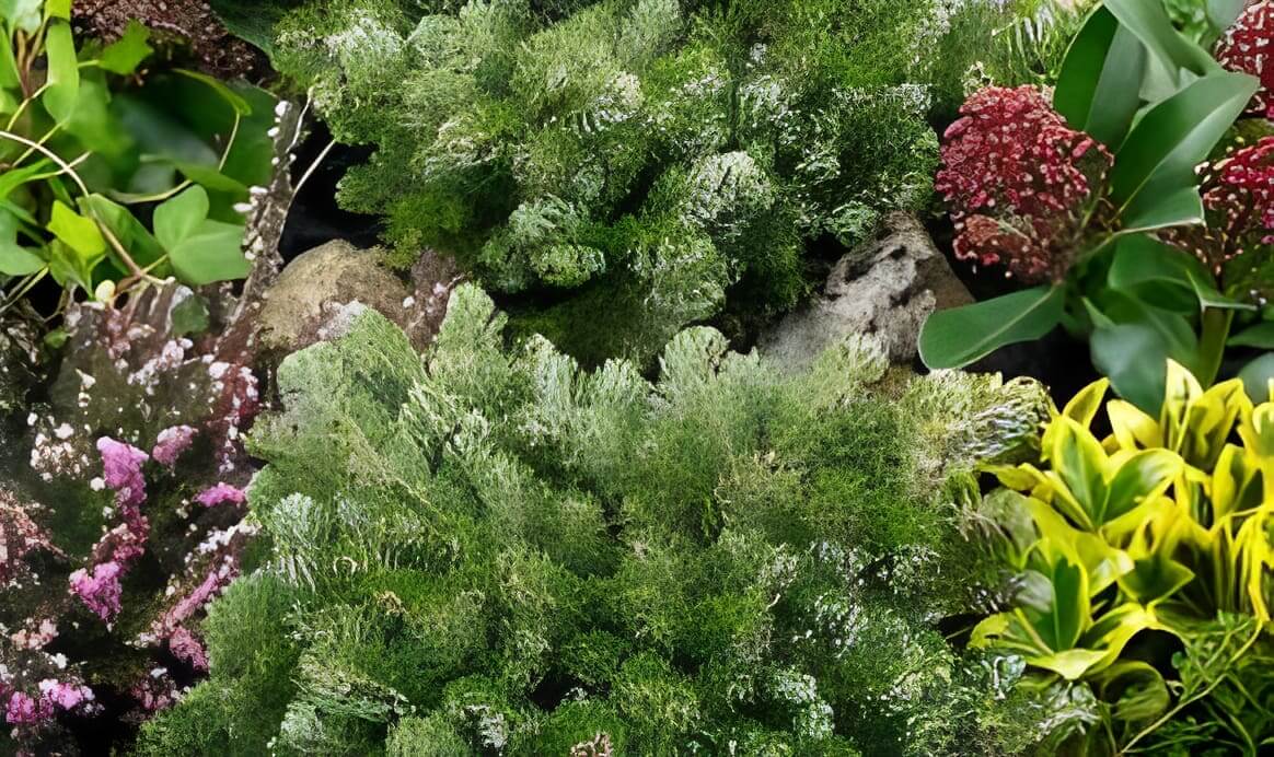 Mixed lush green garden foliage and flowers