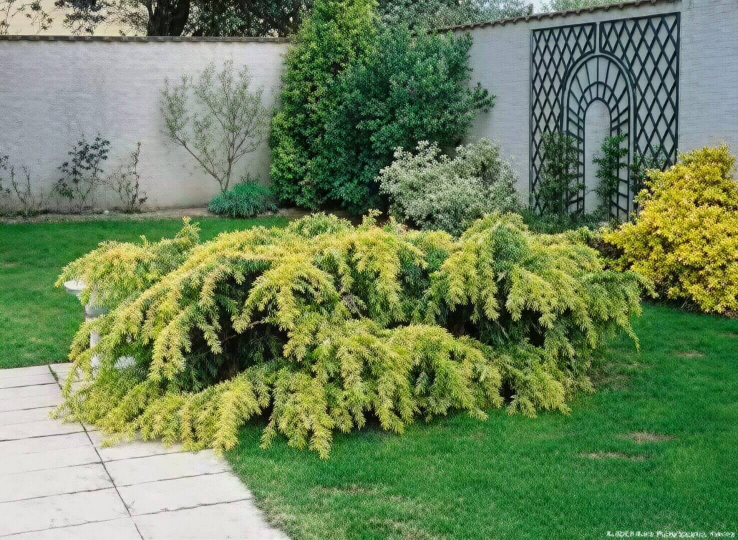 low golden evergreen shrub on manicured lawn