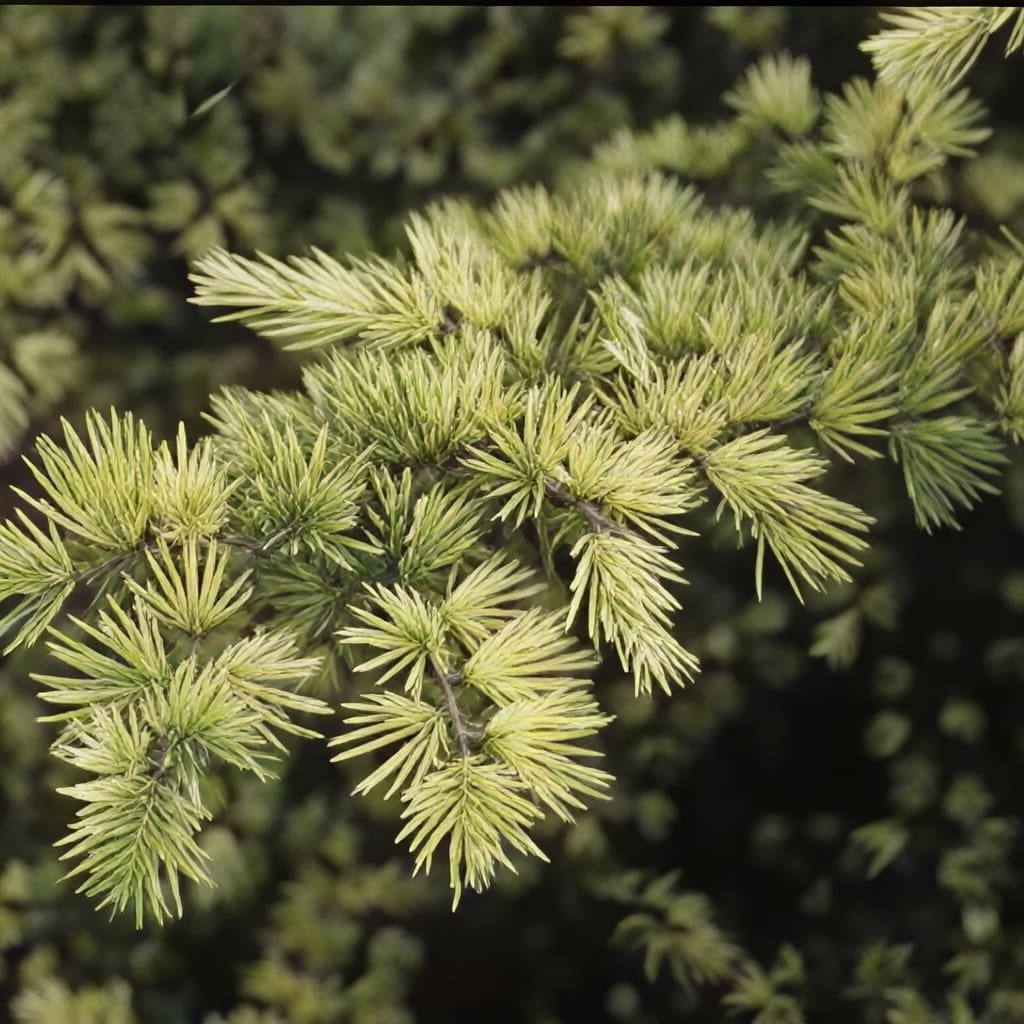 Sunlit pale green conifer branch close-up