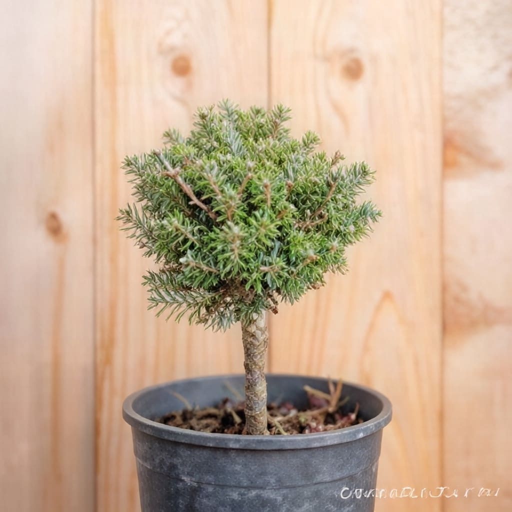 Small potted bonsai tree on wood background
